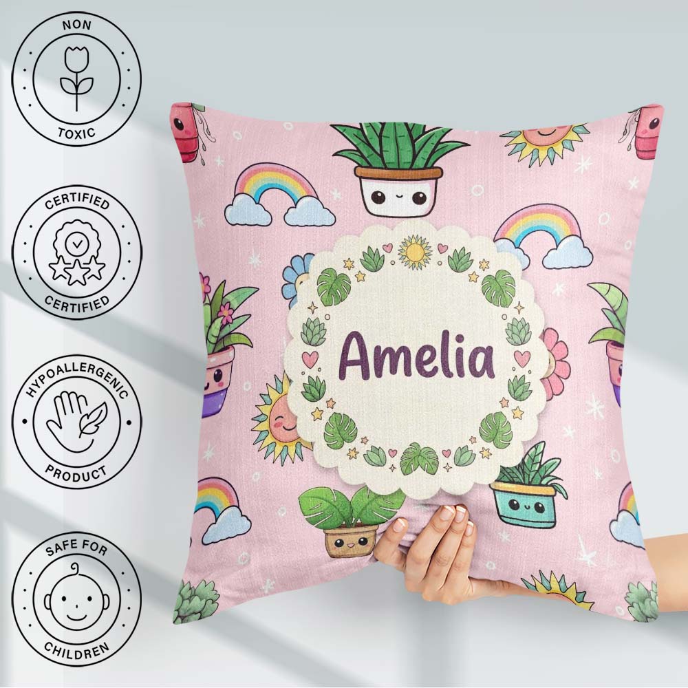 Custom Name Cute Kawaii Plants Rainbows Sun Soft Pink Background Square Filled Cushion Throw Pillow Sofa Bed Home Decor Zip Washable UK Made