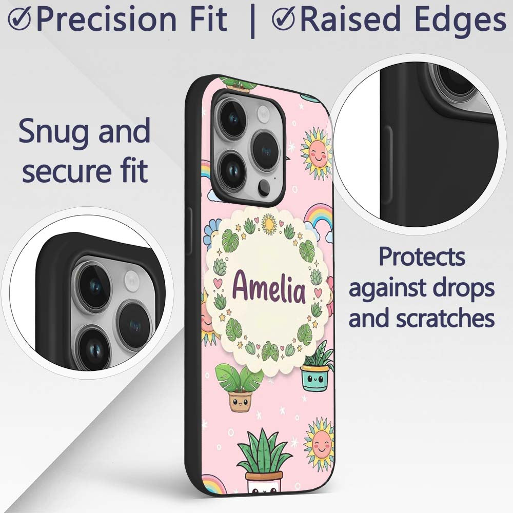 Cute Kawaii Plants Rainbows Smiling Sun Soft Pink Custom Name Protective Phone Case Mobile Cover Durable Everyday Smartphone Shock Resistant