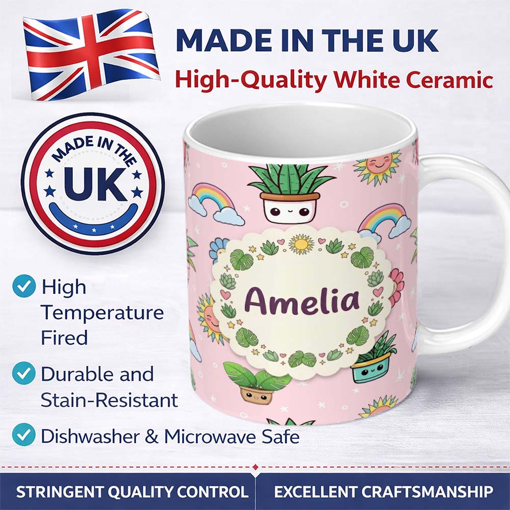 Personalized Custom Name Cute Kawaii Plants Rainbows Smiling Sun Soft Pink Background 11oz Ceramic Coffee Tea Mug White Large Handle