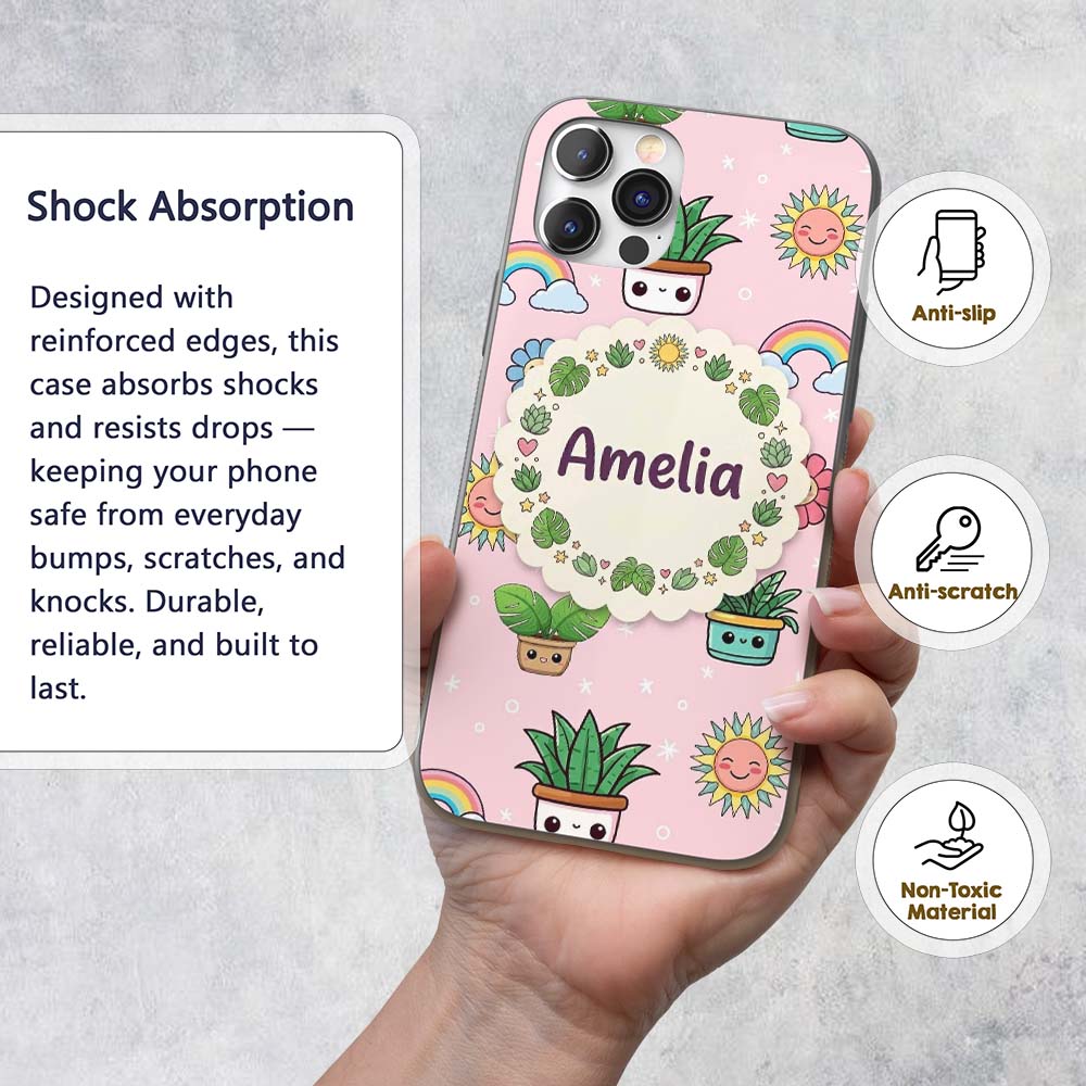 Cute Kawaii Plants Rainbows Smiling Sun Soft Pink Custom Name Protective Phone Case Mobile Cover Durable Everyday Smartphone Shock Resistant