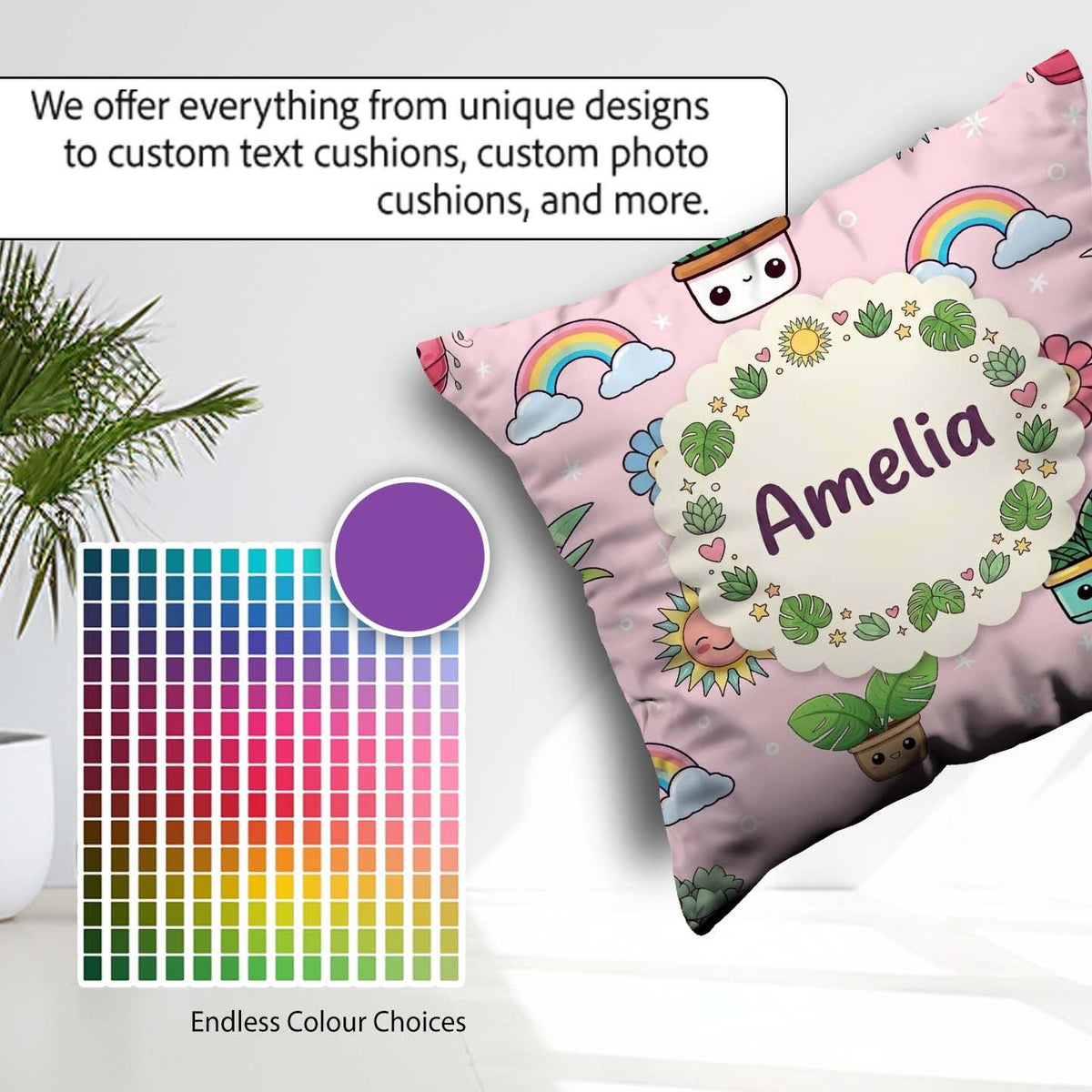 Custom Name Cute Kawaii Plants Rainbows Sun Soft Pink Background Square Filled Cushion Throw Pillow Sofa Bed Home Decor Zip Washable UK Made