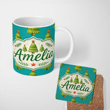 Personalized Custom Name Watercolor Christmas Trees with Red Star on Teal Background Seamless 11oz Ceramic Coffee Tea Mug White Large Handle