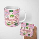 Personalized Custom Name Cute Kawaii Plants Rainbows Smiling Sun Pink Background Seamless 11oz Ceramic Coffee Tea Mug White Large Handle
