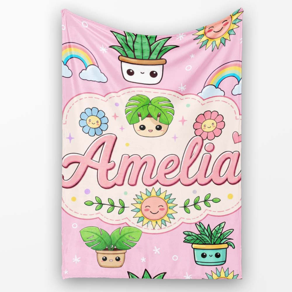 Cute Kawaii Plants Rainbows Smiling Sun Pink Background Seamless  Personalised Custom Name Super Soft Fleece Blanket Bed Sofa Throw