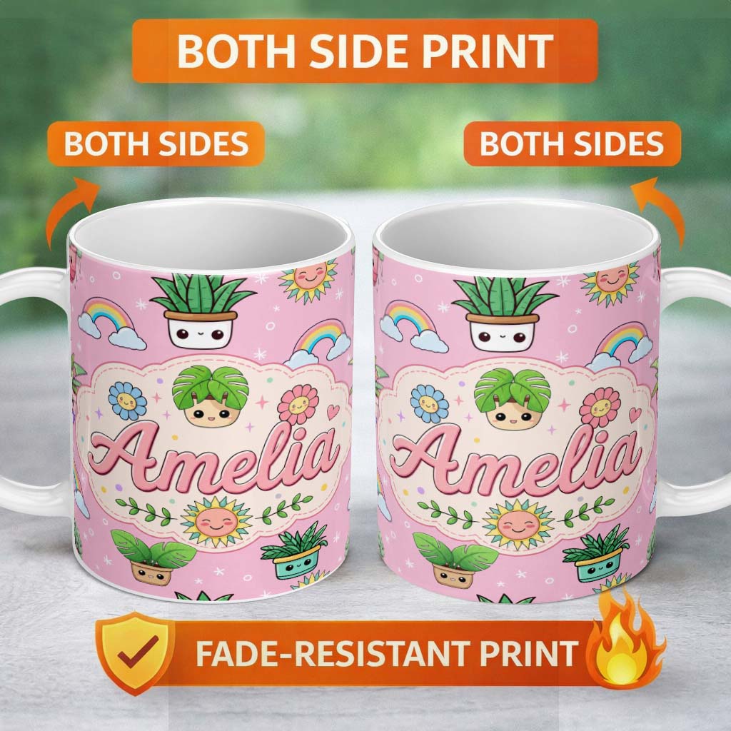 Personalized Custom Name Cute Kawaii Plants Rainbows Smiling Sun Pink Background Seamless 11oz Ceramic Coffee Tea Mug White Large Handle