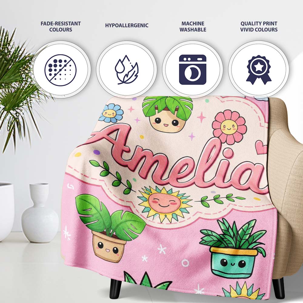 Cute Kawaii Plants Rainbows Smiling Sun Pink Background Seamless  Personalised Custom Name Super Soft Fleece Blanket Bed Sofa Throw