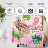 Cute Kawaii Plants Rainbows Smiling Sun Pink Background Seamless  Personalised Custom Name Super Soft Fleece Blanket Bed Sofa Throw