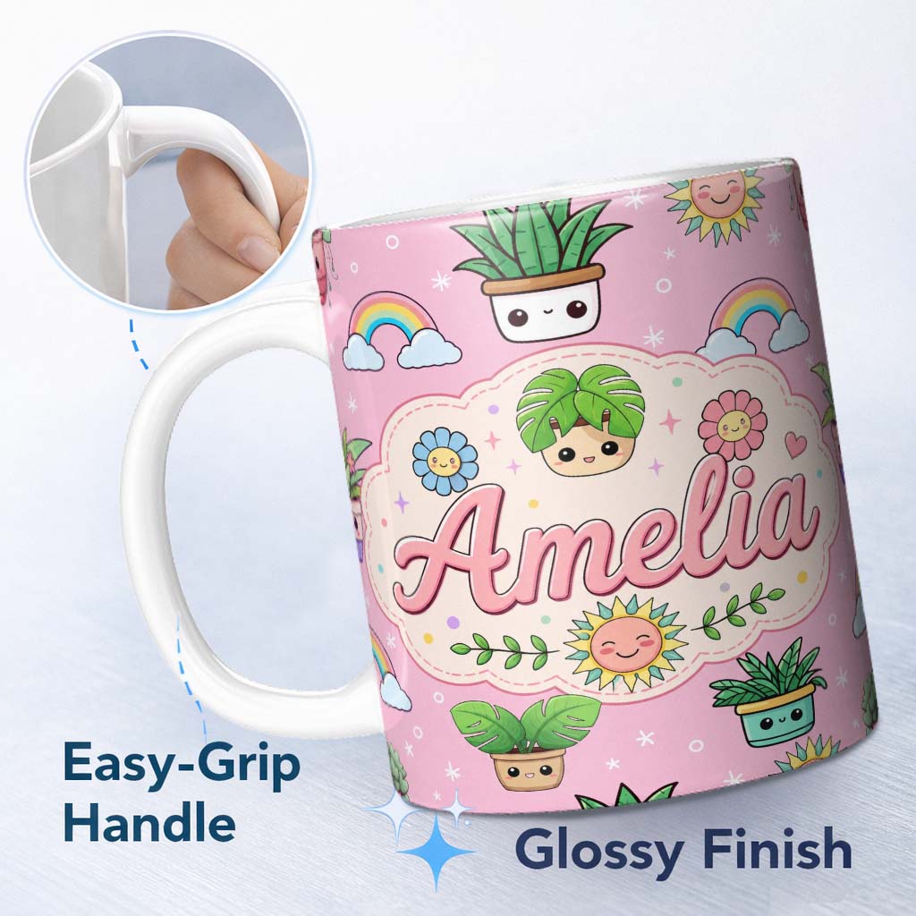 Personalized Custom Name Cute Kawaii Plants Rainbows Smiling Sun Pink Background Seamless 11oz Ceramic Coffee Tea Mug White Large Handle
