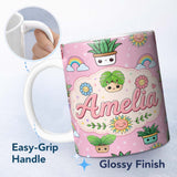 Personalized Custom Name Cute Kawaii Plants Rainbows Smiling Sun Pink Background Seamless 11oz Ceramic Coffee Tea Mug White Large Handle