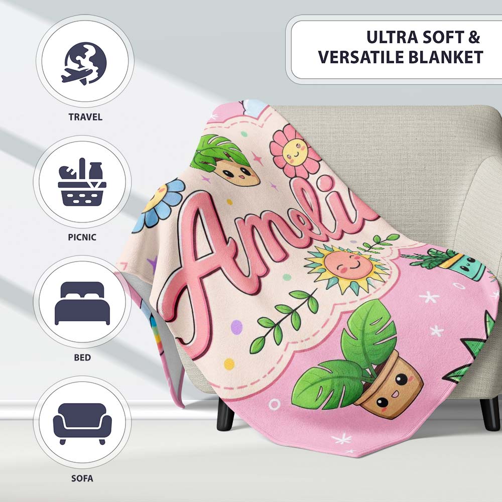 Cute Kawaii Plants Rainbows Smiling Sun Pink Background Seamless  Personalised Custom Name Super Soft Fleece Blanket Bed Sofa Throw