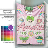 Cute Kawaii Plants Rainbows Smiling Sun Pink Background Seamless  Personalised Custom Name Super Soft Fleece Blanket Bed Sofa Throw