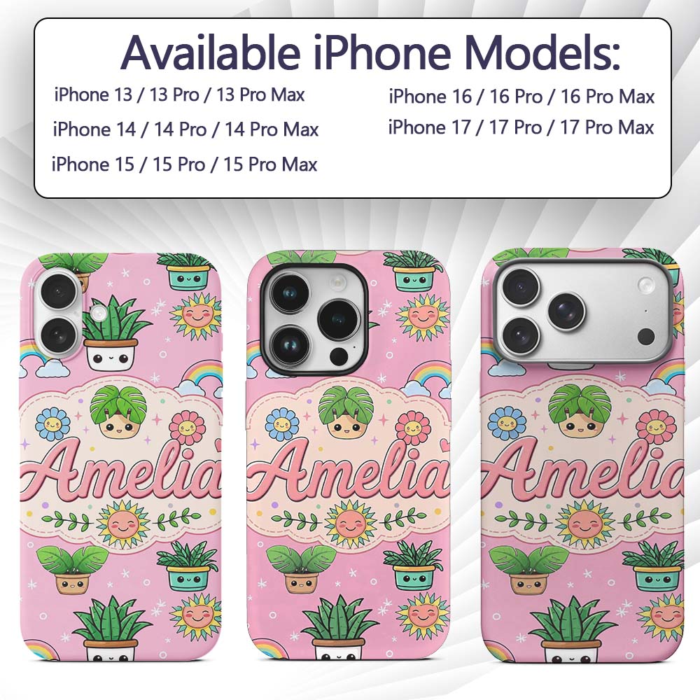 Cute Kawaii Plants Rainbows Smiling Sun Pink Custom Name Protective Phone Case Mobile Cover Durable Everyday Smartphone Shock Resistant