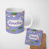 Personalized Custom Name Cute Kawaii Plants Rainbows Smiling Sun Purple Background Seamless 11oz Ceramic Coffee Tea Mug White Large Handle