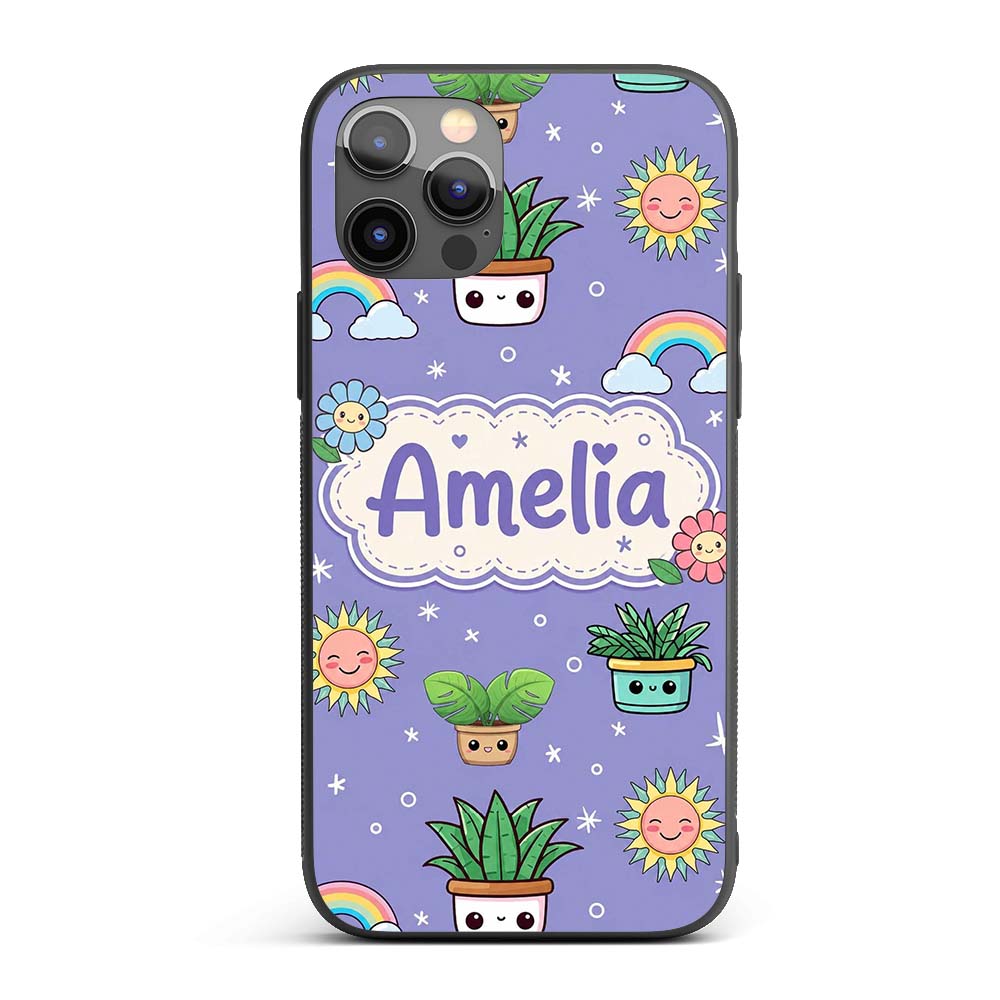 Cute Kawaii Plants Rainbows Smiling Sun Purple Custom Name Protective Phone Case Mobile Cover Durable Everyday Smartphone Shock Resistant
