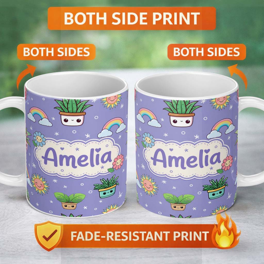 Personalized Custom Name Cute Kawaii Plants Rainbows Smiling Sun Purple Background Seamless 11oz Ceramic Coffee Tea Mug White Large Handle