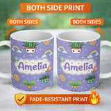 Personalized Custom Name Cute Kawaii Plants Rainbows Smiling Sun Purple Background Seamless 11oz Ceramic Coffee Tea Mug White Large Handle