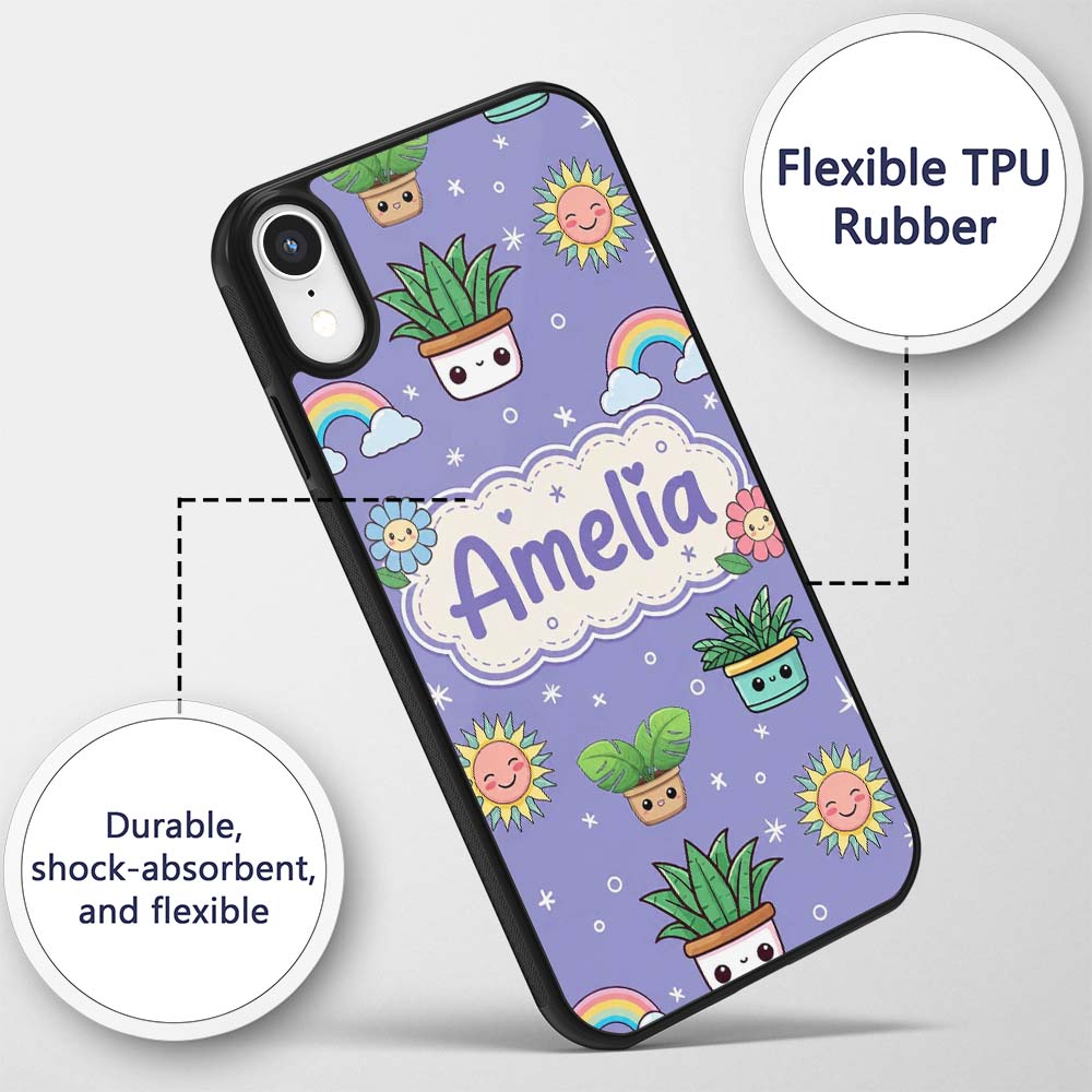 Cute Kawaii Plants Rainbows Smiling Sun Purple Custom Name Protective Phone Case Mobile Cover Durable Everyday Smartphone Shock Resistant