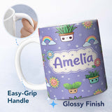 Personalized Custom Name Cute Kawaii Plants Rainbows Smiling Sun Purple Background Seamless 11oz Ceramic Coffee Tea Mug White Large Handle