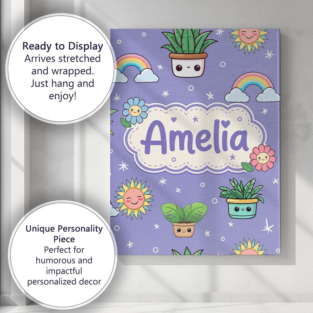 Personalised Name Cute Kawaii Plants Custom Premium Decorative Design Modern Room Accent Canvas Wall Art Print Decor Picture Ready to Hang