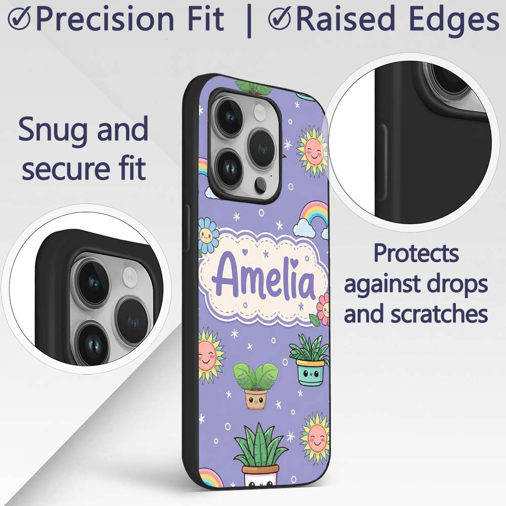 Cute Kawaii Plants Rainbows Smiling Sun Purple Custom Name Protective Phone Case Mobile Cover Durable Everyday Smartphone Shock Resistant