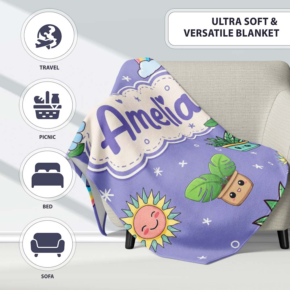 Cute Kawaii Plants Rainbows Smiling Sun Purple Background Seamless  Personalised Custom Name Super Soft Fleece Blanket Bed Sofa Throw