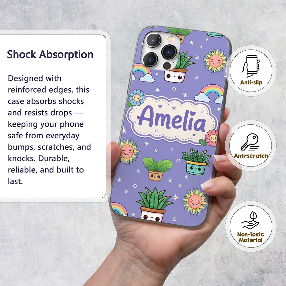 Cute Kawaii Plants Rainbows Smiling Sun Purple Custom Name Protective Phone Case Mobile Cover Durable Everyday Smartphone Shock Resistant