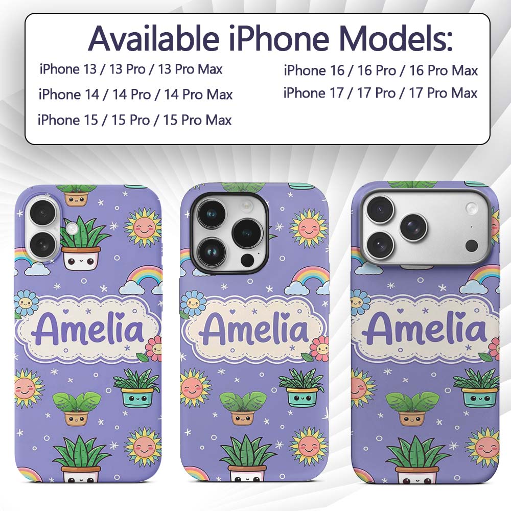 Cute Kawaii Plants Rainbows Smiling Sun Purple Custom Name Protective Phone Case Mobile Cover Durable Everyday Smartphone Shock Resistant