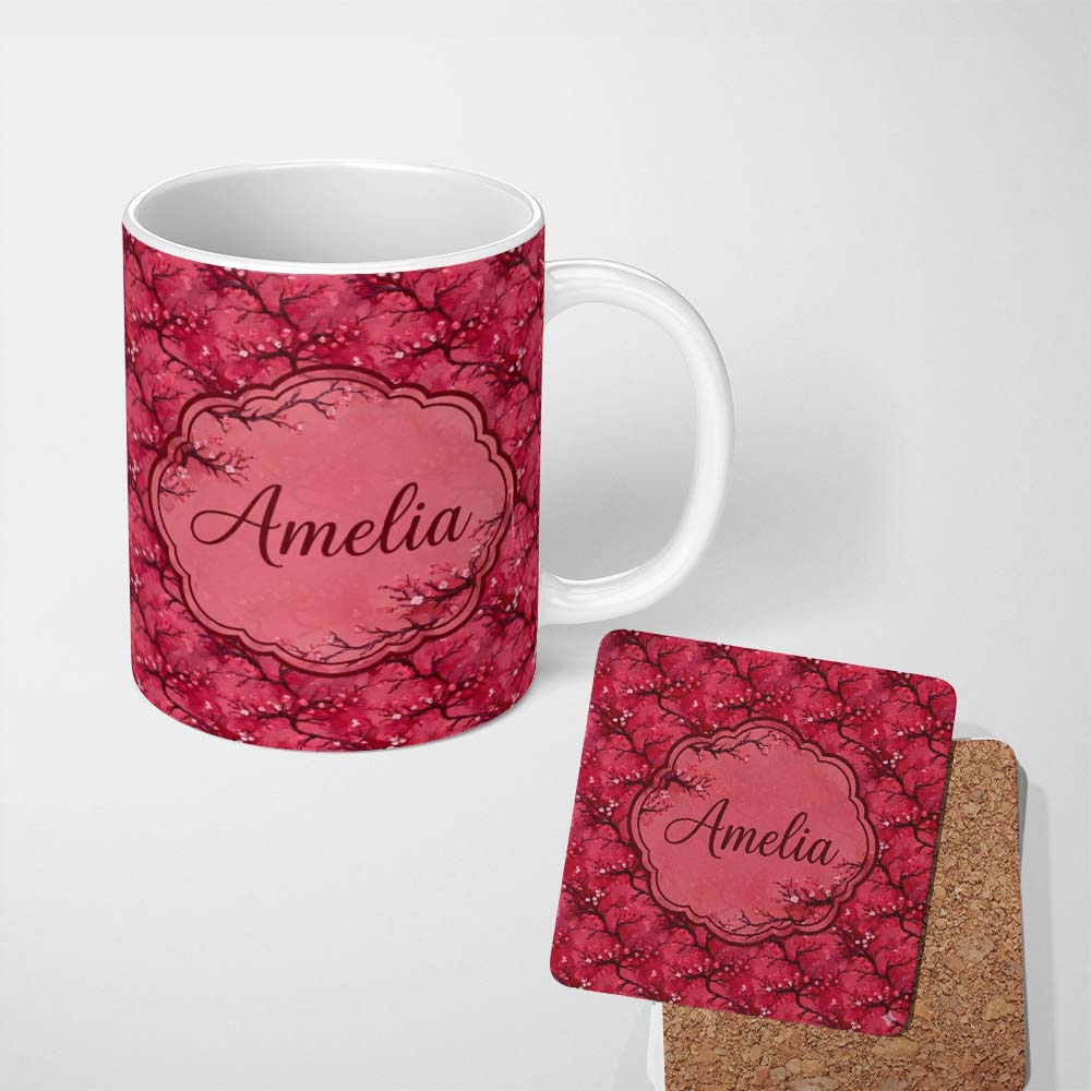 Personalized Custom Name Watercolor Red Cherry Blossom Branch Seamless Pattern Lovely 11oz Ceramic Coffee Tea Mug White Large Handle