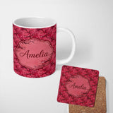 Personalized Custom Name Watercolor Red Cherry Blossom Branch Seamless Pattern Lovely 11oz Ceramic Coffee Tea Mug White Large Handle