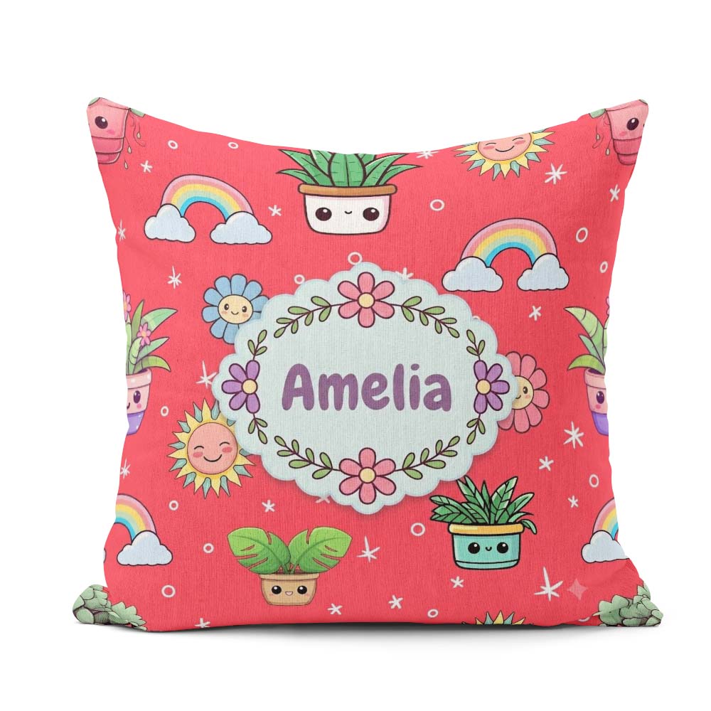 Custom Name Cute Kawaii Plants Rainbows Smiling Sun Red Seamless Square Filled Cushion Throw Pillow Sofa Bed Home Decor Zip Washable UK Made