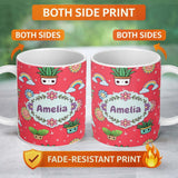 Personalized Custom Name Cute Kawaii Plants Rainbows Smiling Sun Red Background Seamless 11oz Ceramic Coffee Tea Mug White Large Handle