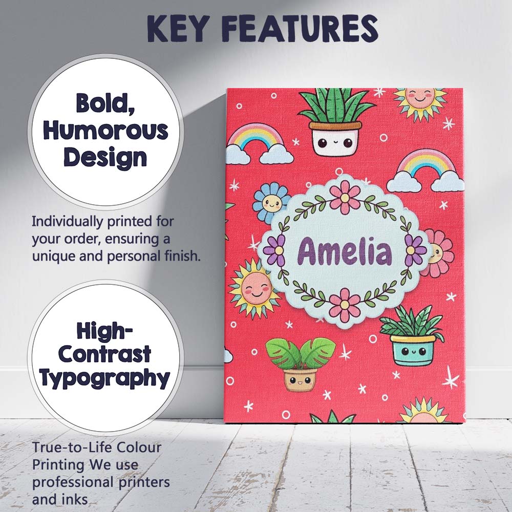 Personalised Name Cute Kawaii Plants Custom Premium Decorative Design Modern Room Accent Canvas Wall Art Print Decor Picture Ready to Hang