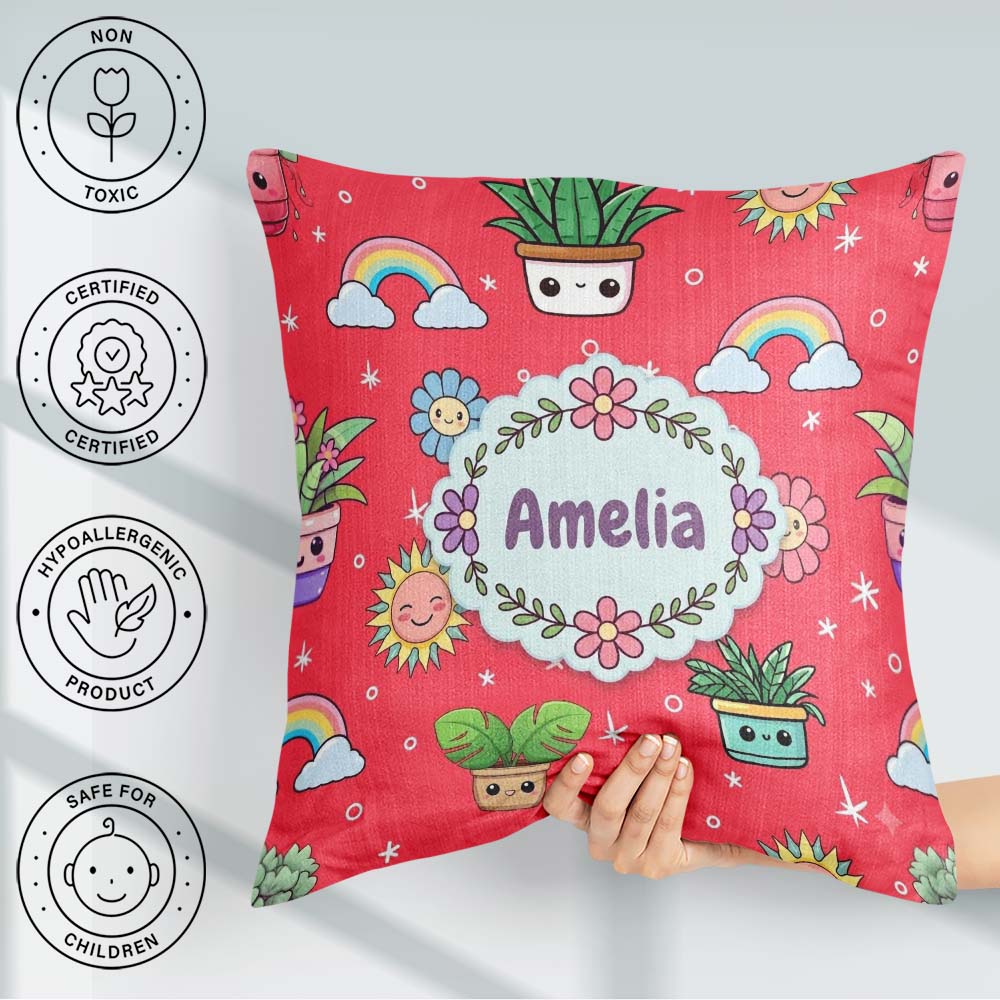 Custom Name Cute Kawaii Plants Rainbows Smiling Sun Red Seamless Square Filled Cushion Throw Pillow Sofa Bed Home Decor Zip Washable UK Made