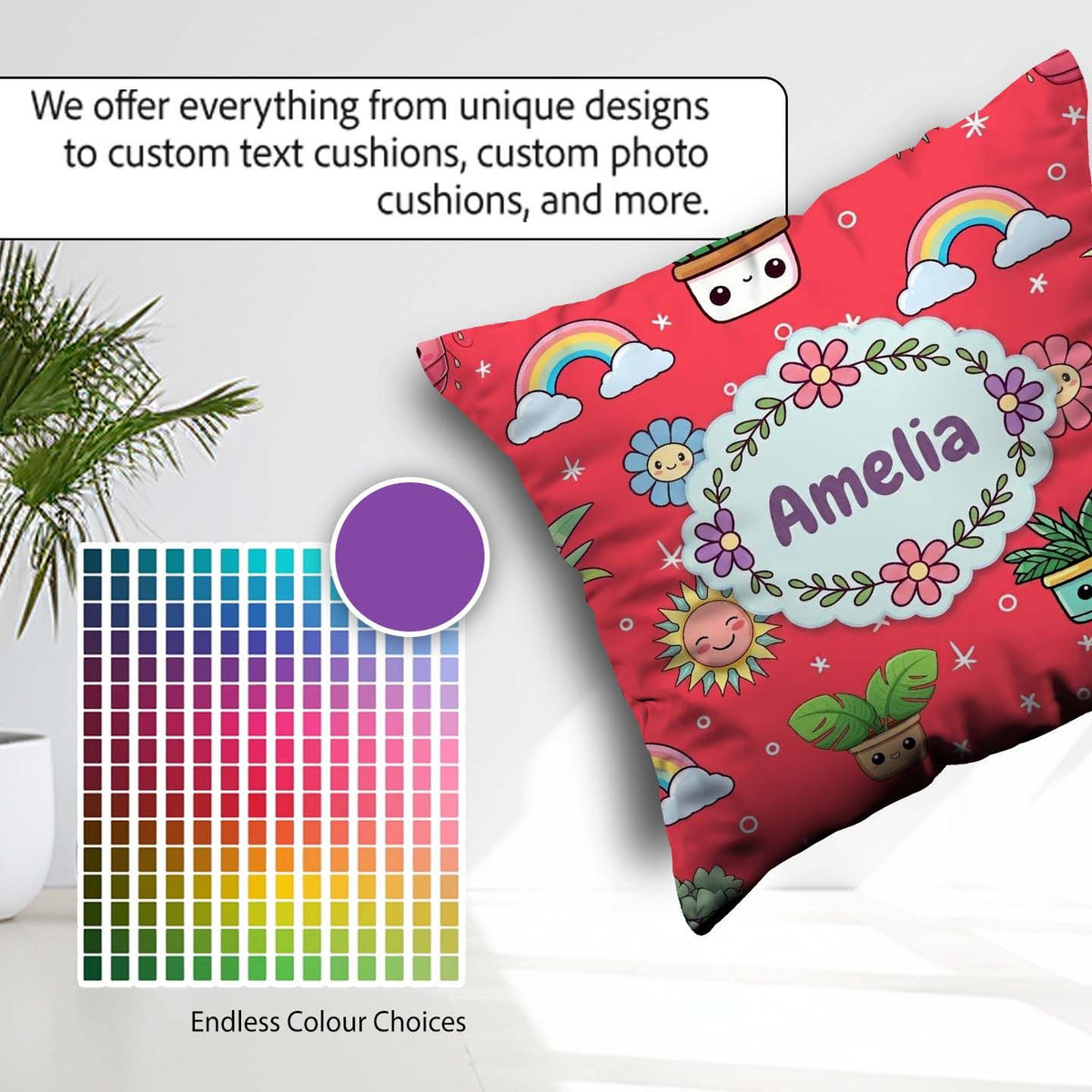 Custom Name Cute Kawaii Plants Rainbows Smiling Sun Red Seamless Square Filled Cushion Throw Pillow Sofa Bed Home Decor Zip Washable UK Made