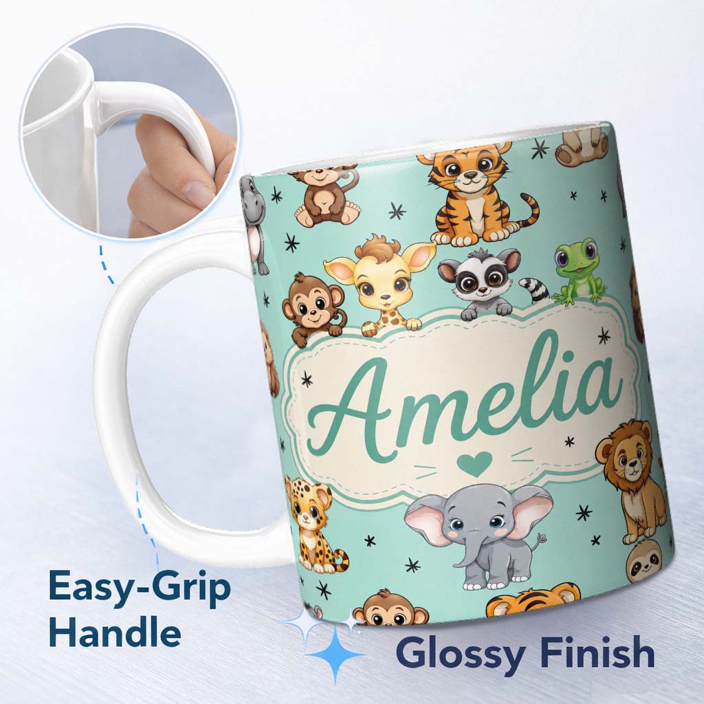 Personalized Custom Name Cute Jungle Baby Animals Lion Tiger Elephant Giraffe Pattern Mint 11oz Ceramic Coffee Tea Mug White Large Handle