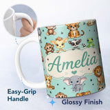 Personalized Custom Name Cute Jungle Baby Animals Lion Tiger Elephant Giraffe Pattern Mint 11oz Ceramic Coffee Tea Mug White Large Handle