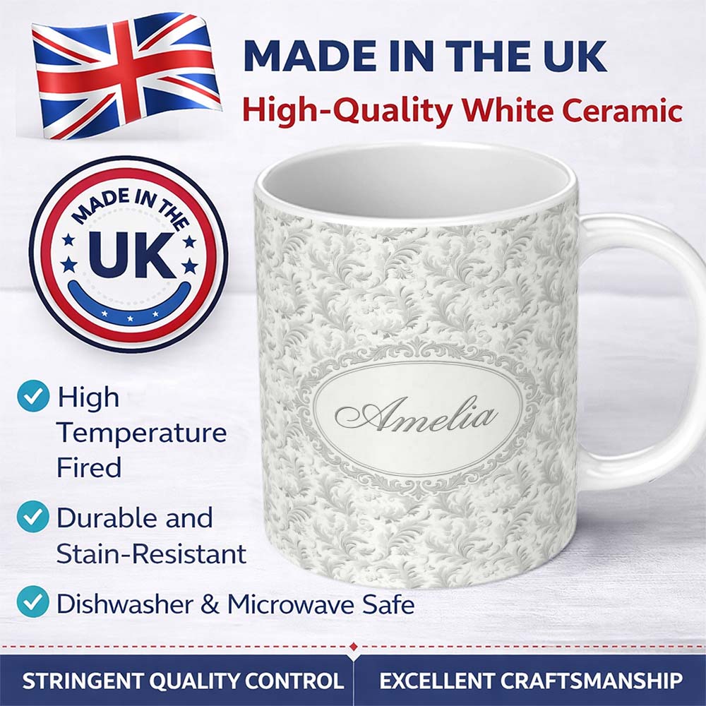 Personalized Custom Name Subtle Grey Leafy Damask Classic Seamless Pattern Cute Unique Gift 11oz Ceramic Coffee Tea Mug White Large Handle