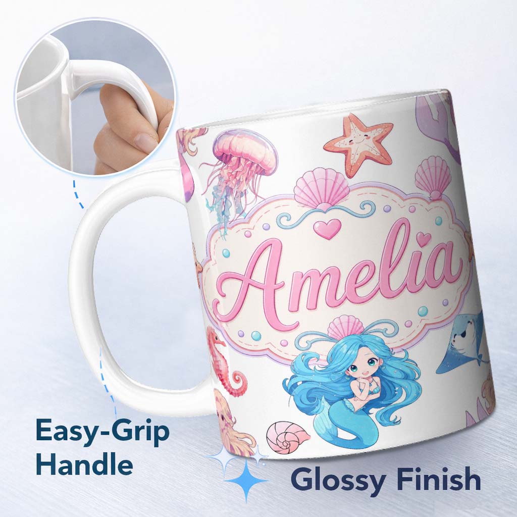 Personalized Custom Name Cute Blue Mermaid Jellyfish Seahorse and Ocean Creatures Light Grey 11oz Ceramic Coffee Tea Mug White Large Handle