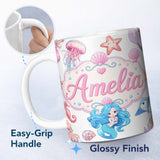 Personalized Custom Name Cute Blue Mermaid Jellyfish Seahorse and Ocean Creatures Light Grey 11oz Ceramic Coffee Tea Mug White Large Handle