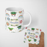 Personalized Custom Name Cute Kawaii Plants Rainbows Smiling Sun Grey Background Seamless 11oz Ceramic Coffee Tea Mug White Large Handle