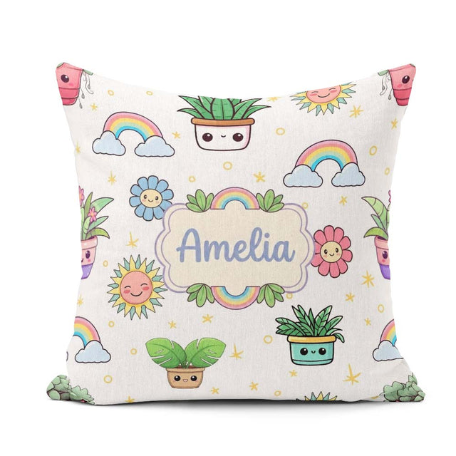 Custom Name Kawaii Rainbows Smiling Sun Grey Background Seamless Square Filled Cushion Throw Pillow Sofa Bed Home Decor Zip Washable UK Made