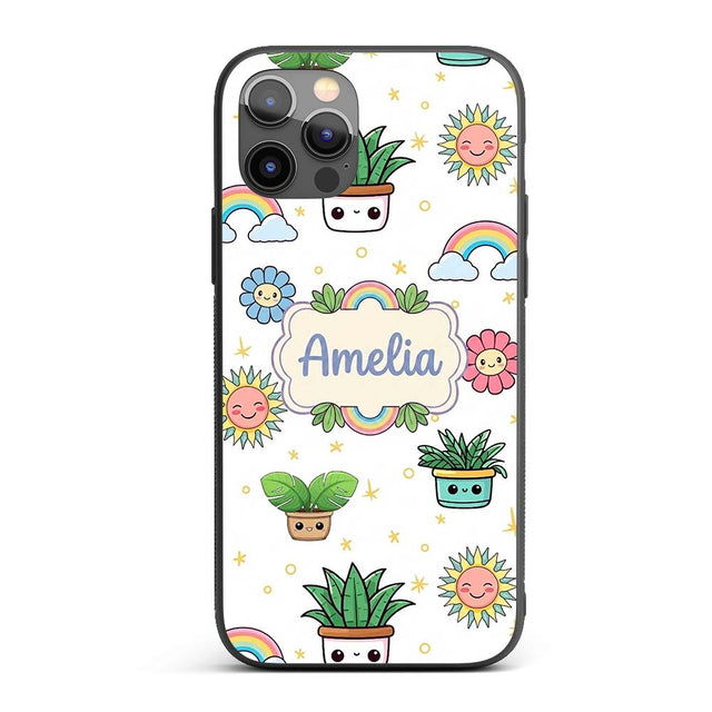 Cute Kawaii Plants Rainbows Smiling Sun Grey Custom Name Protective Phone Case Mobile Cover Durable Everyday Smartphone Shock Resistant