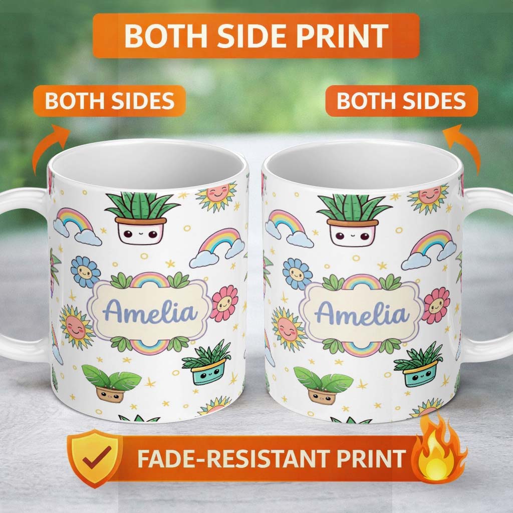 Personalized Custom Name Cute Kawaii Plants Rainbows Smiling Sun Grey Background Seamless 11oz Ceramic Coffee Tea Mug White Large Handle