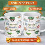 Personalized Custom Name Cute Kawaii Plants Rainbows Smiling Sun Grey Background Seamless 11oz Ceramic Coffee Tea Mug White Large Handle