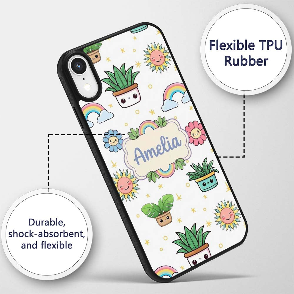 Cute Kawaii Plants Rainbows Smiling Sun Grey Custom Name Protective Phone Case Mobile Cover Durable Everyday Smartphone Shock Resistant