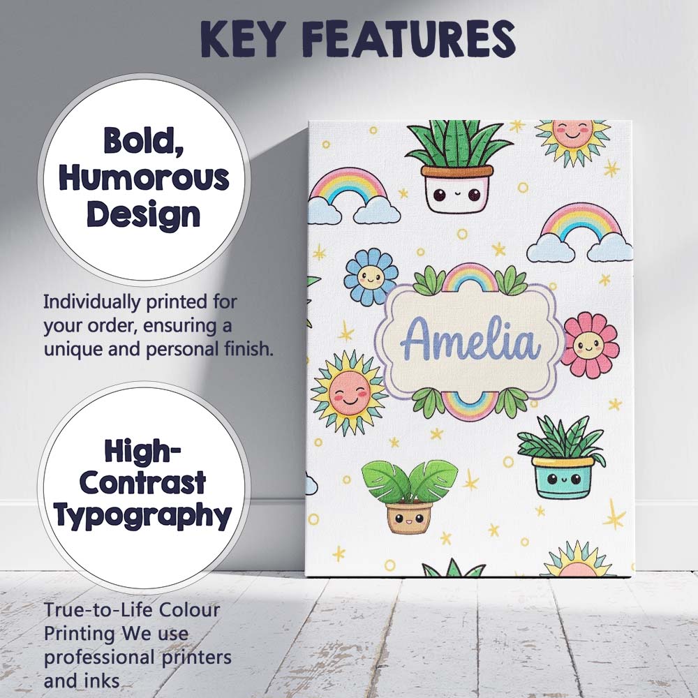 Personalised Name Cute Kawaii Plants Custom Premium Decorative Design Modern Room Accent Canvas Wall Art Print Decor Picture Ready to Hang