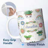 Personalized Custom Name Cute Kawaii Plants Rainbows Smiling Sun Grey Background Seamless 11oz Ceramic Coffee Tea Mug White Large Handle