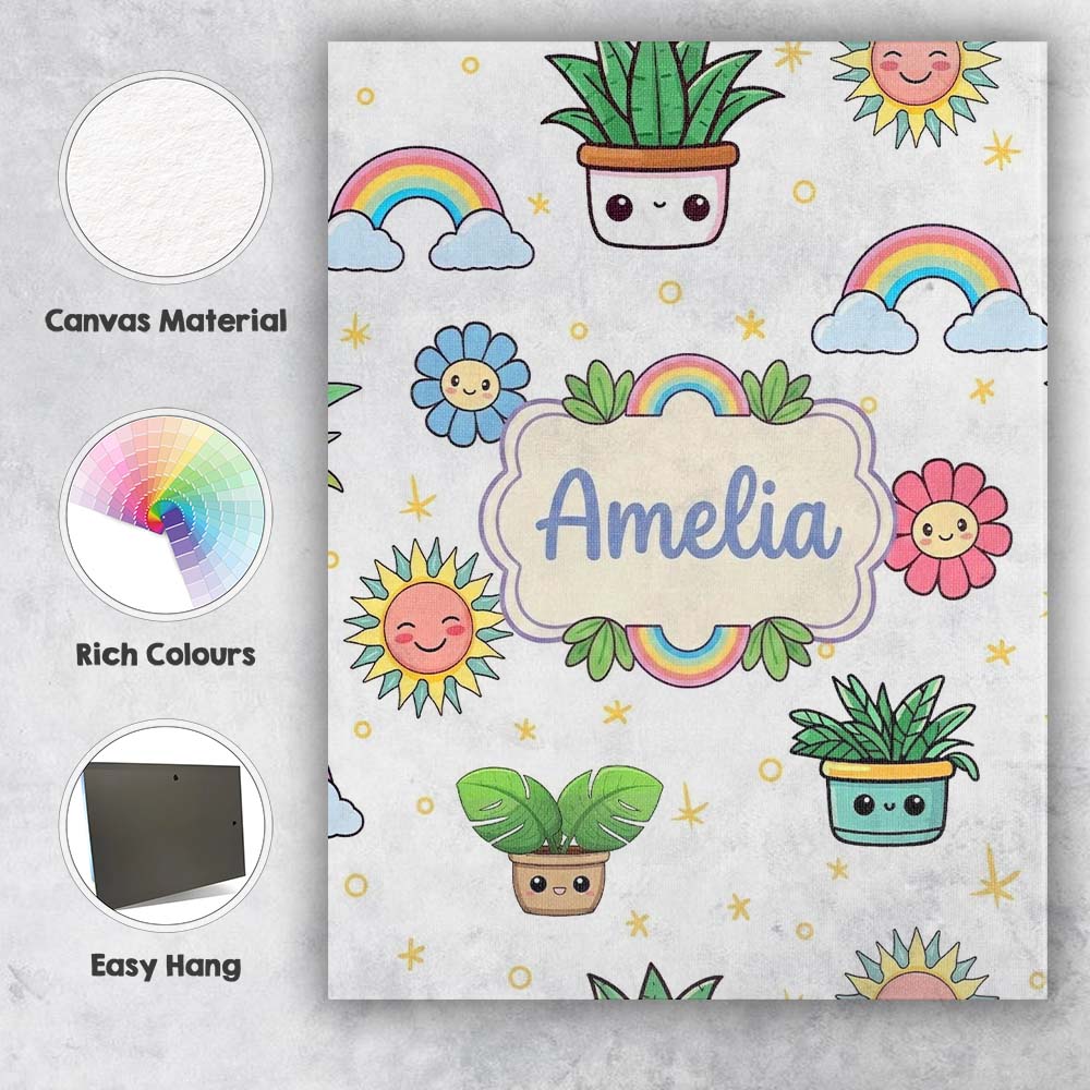 Personalised Name Cute Kawaii Plants Custom Premium Decorative Design Modern Room Accent Canvas Wall Art Print Decor Picture Ready to Hang