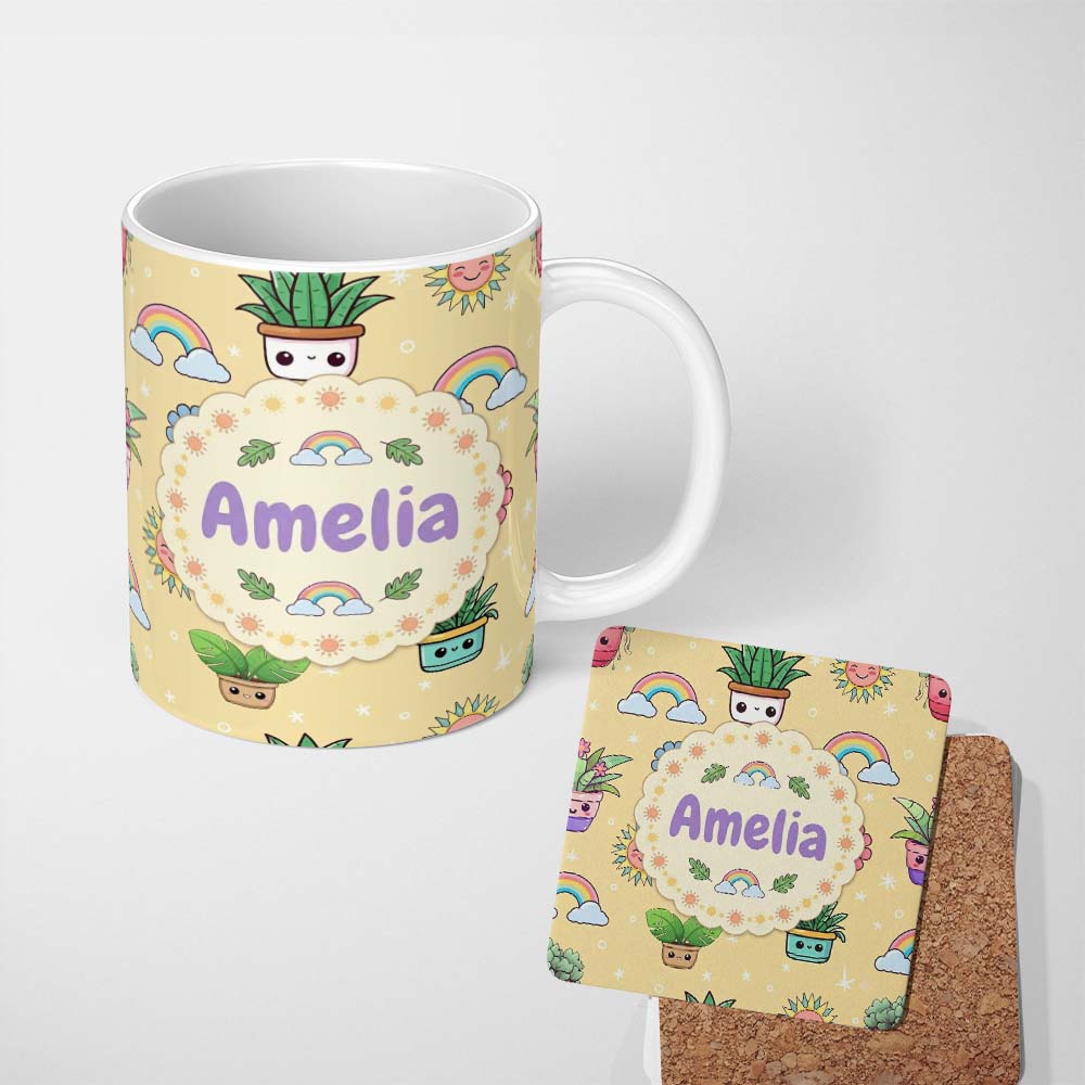 Personalized Custom Name Cute Kawaii Plants Rainbows Smiling Sun Yellow Background Seamless 11oz Ceramic Coffee Tea Mug White Large Handle