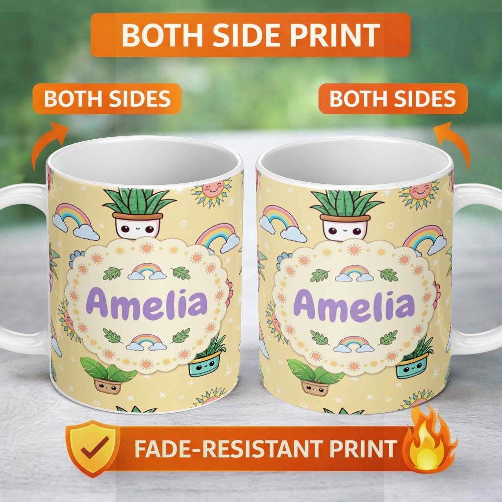 Personalized Custom Name Cute Kawaii Plants Rainbows Smiling Sun Yellow Background Seamless 11oz Ceramic Coffee Tea Mug White Large Handle